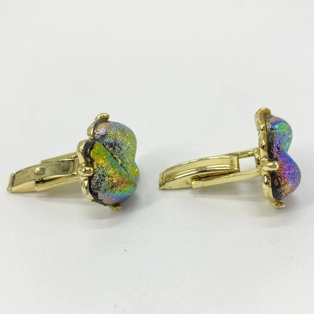 Vintage Unique Cufflinks Aurora Borealis Art Glass Iridescent Metallic Pat Pend